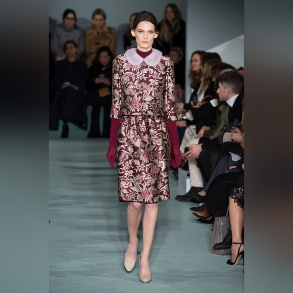 $6,000 NEW OSCAR DE LA RENTA FLORAL JAQUARD BURGUNDY JACKET SKIRT SUIT US L - Picture 11 of 16